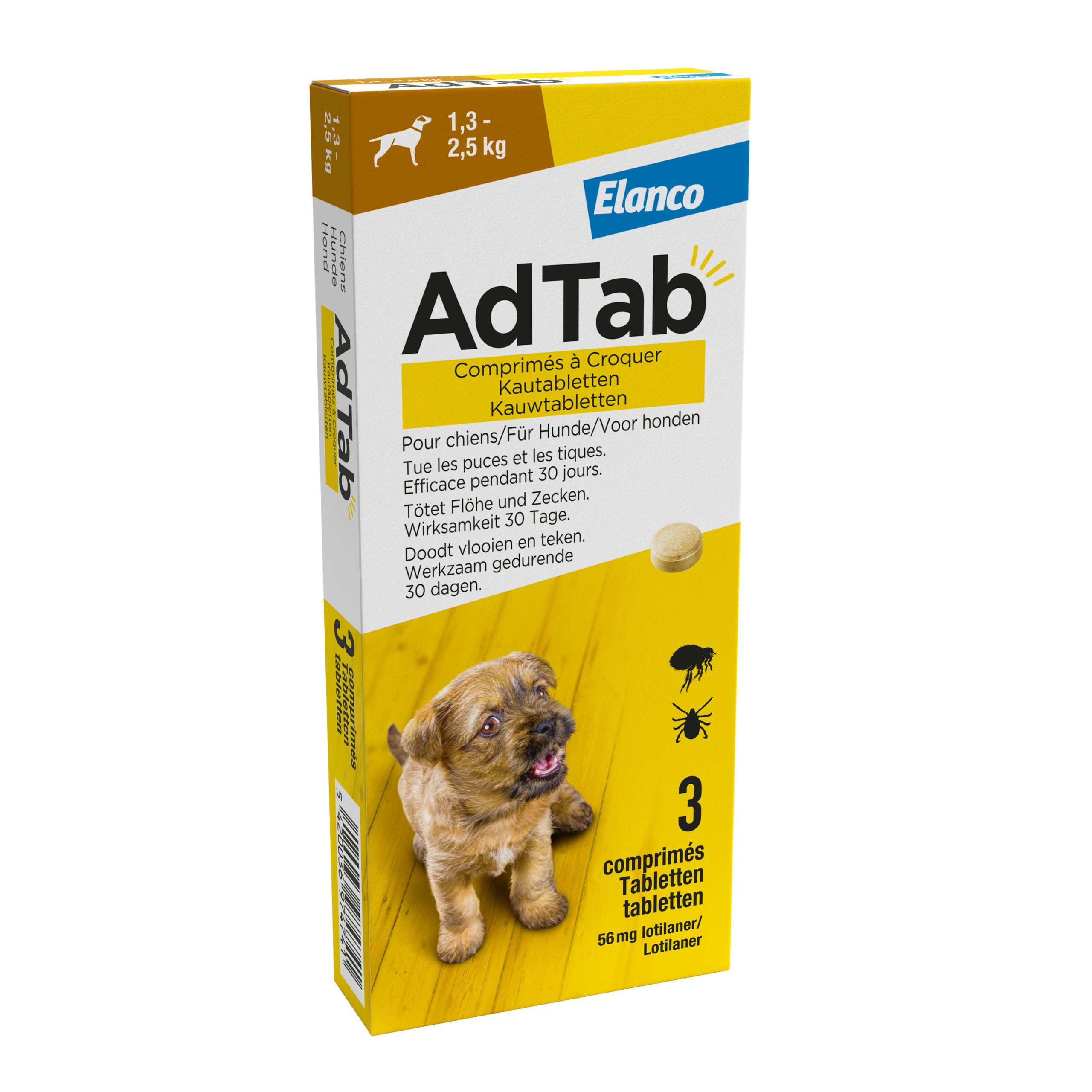 AdTab vlooien- en teken kauwtablet hond 1.3 tot 2.5 kg